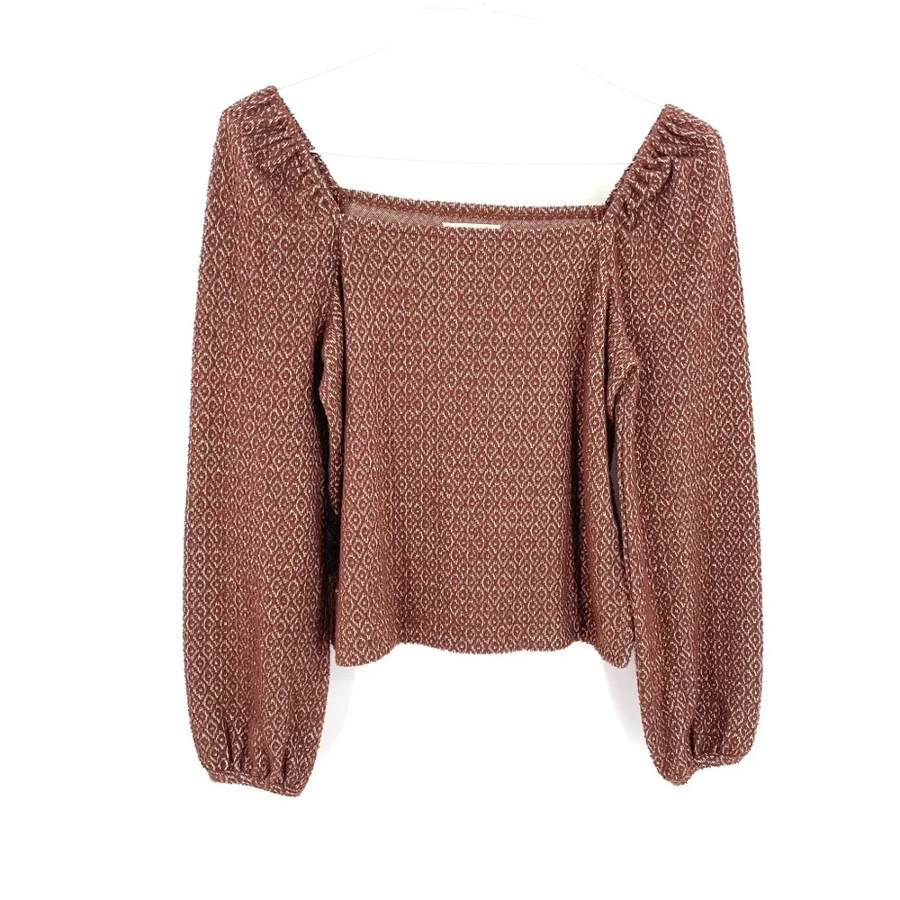 MADEWELL Jacquard Puff-Sleeve Boho Cropped Long Sleeve Blouse Top